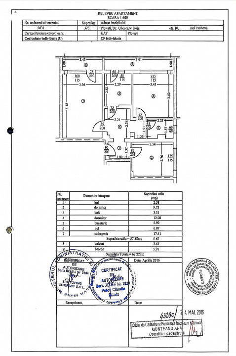 Apartament 3 camere, cf 1, dec –etaj 10/10, bloc cu lift nou, Bariera Bucov- Afi
